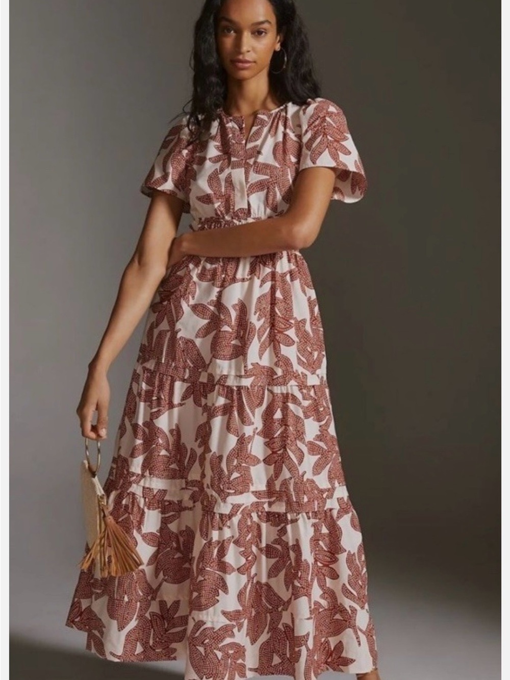 Anthropologie “the Somerset” Maxi Dress in Cream with Rust Leaf Print